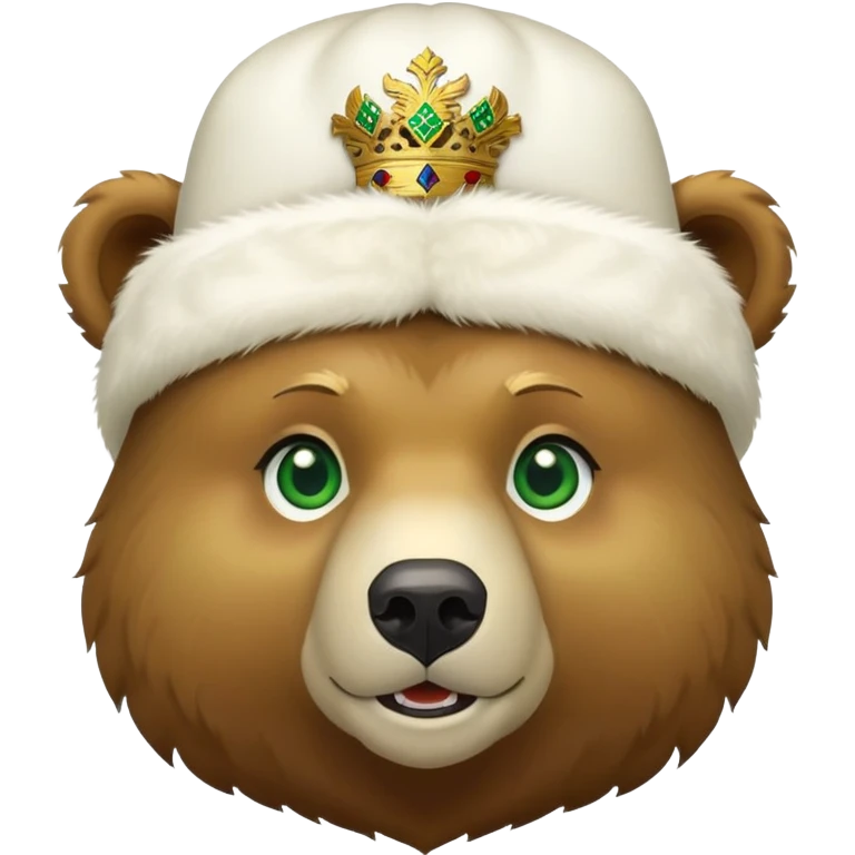Cute grizzly bear face with green eyes, wearing a white fur hat with golden Russian coat of arms in the middle emoji