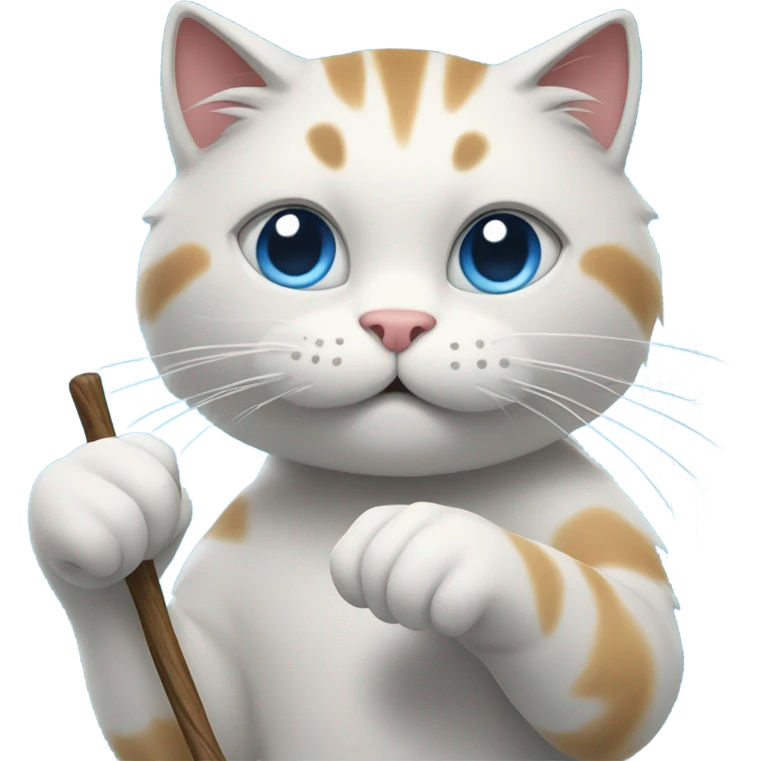 Cat with a stick in its hand blowing blue wind emoji