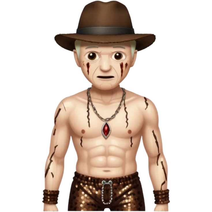 Freddy Krueger with burned skin, dark brown sequin baggy pants, shirtless with necklace emoji
