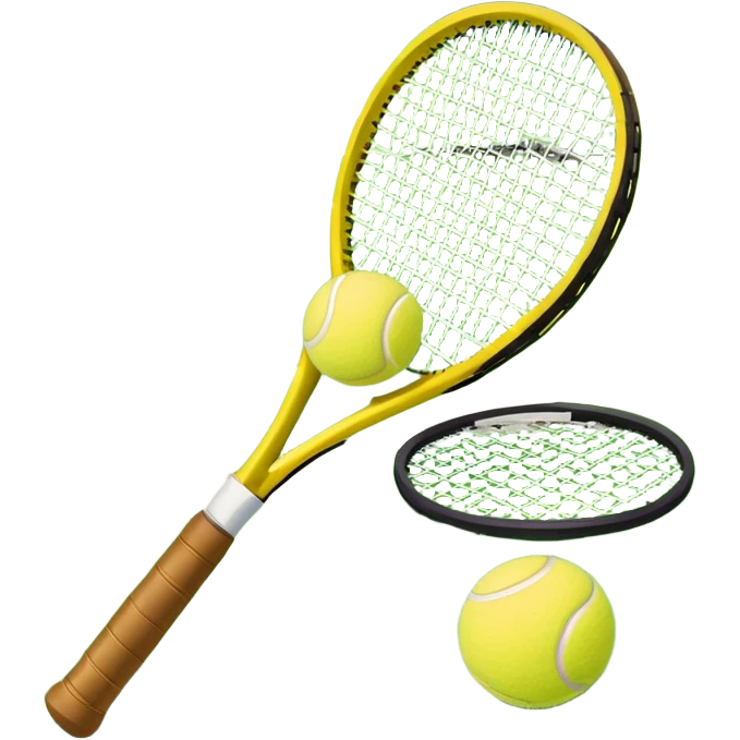 A tennis racket and a ball placed on the ground, with a tennis court in the background. The court lines and net are visible, emphasizing the structure and focus of the sport, creating a dynamic and energetic vibe. emoji