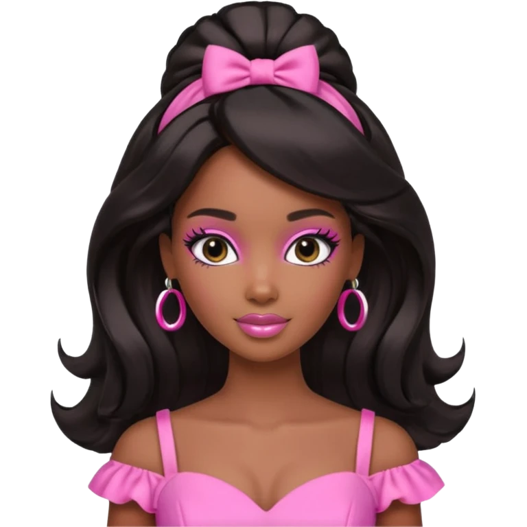 black barbie. half up half down hair, pink dress, perfect makeup and super pretty emoji