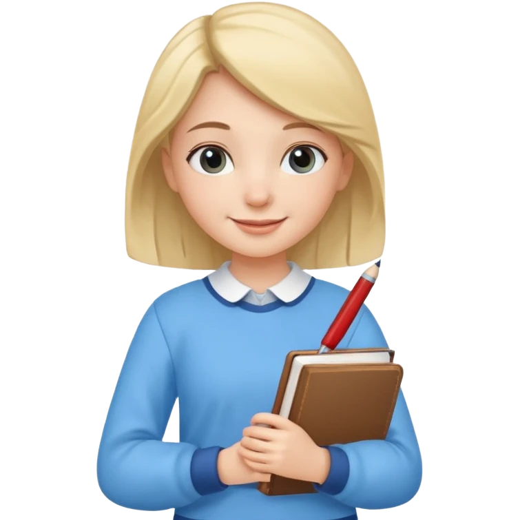 cute girl, glass, smart, Sky-blue colored clothing,
holding a book in one arm and a pen in the other hand. emoji
