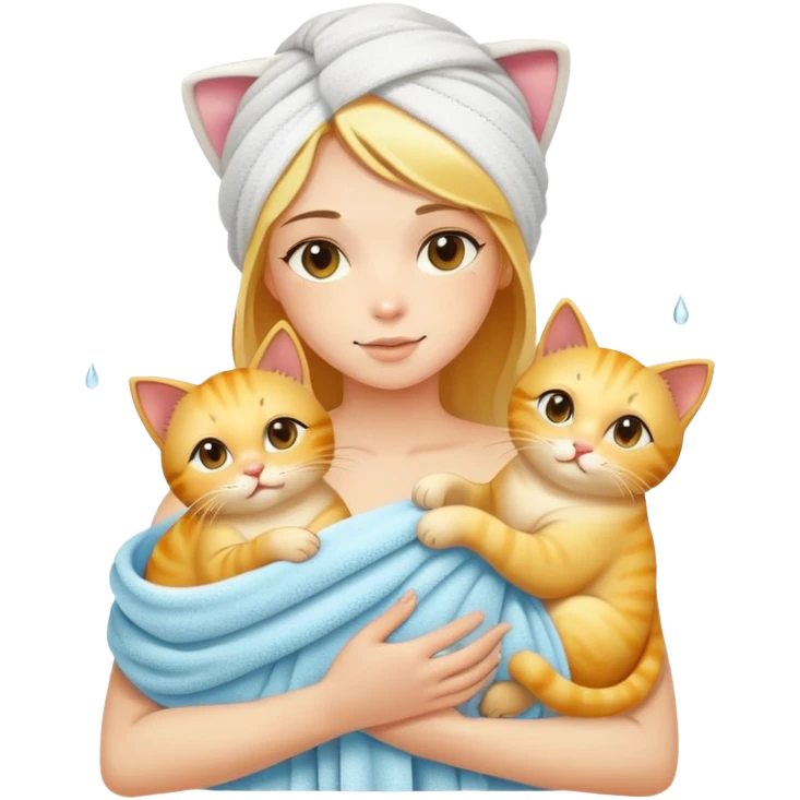 A beautiful girl with fair skin - just finished taking a shower - wrapped in a bath towel and holding a golden gradient cat emoji