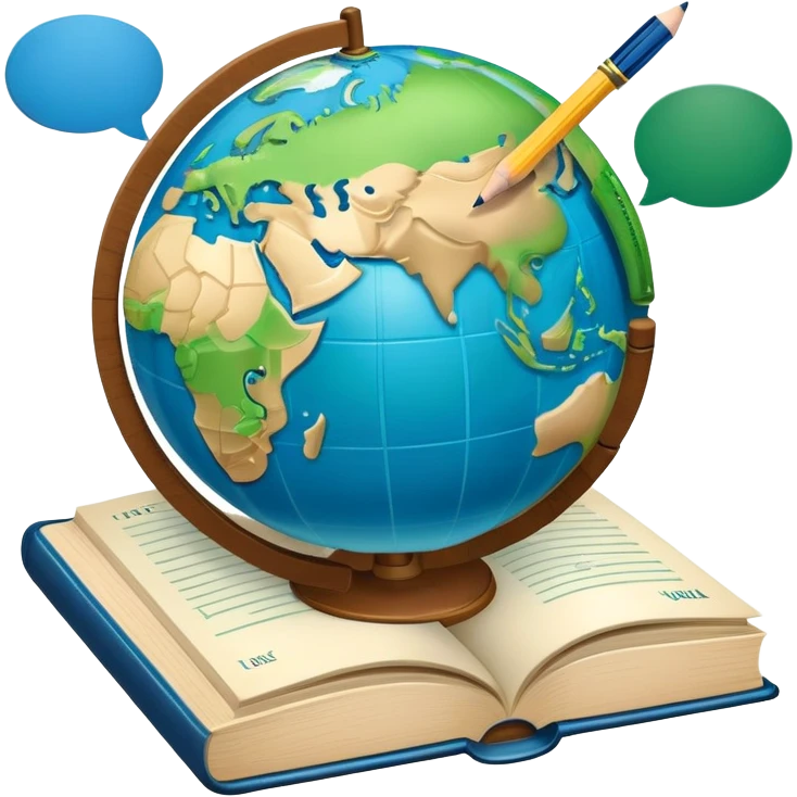 An icon featuring a globe with speech bubbles in different languages, symbolizing the study of foreign languages. The design includes a book and a pencil, representing learning and communication across cultures. Transparent background highlights the global nature of language education. emoji