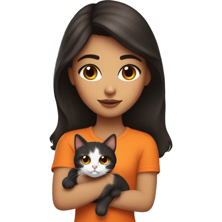 Brunette girl with brown eyes, holding a tricolor cat with black, white and orange furry. Cat hairs are black in one side of its face and orange in the other side of its face. emoji