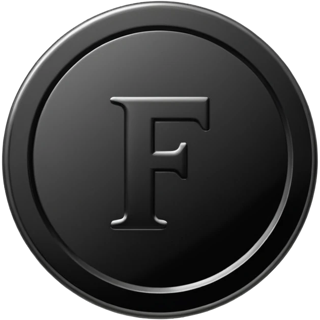 Emoji icon of a black coin with engraved letter F, minimalist style, isolated, no color emoji