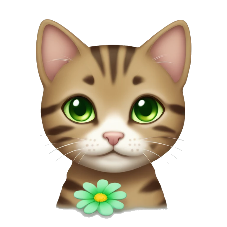 kawaii brown tabby kitten with green eyes and pastel green flower emoji
