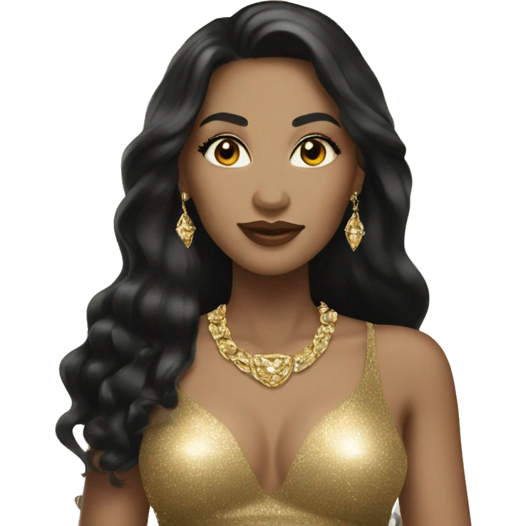 light skin woman with long black hair in gold sparkle dress with gold jewelry emoji
