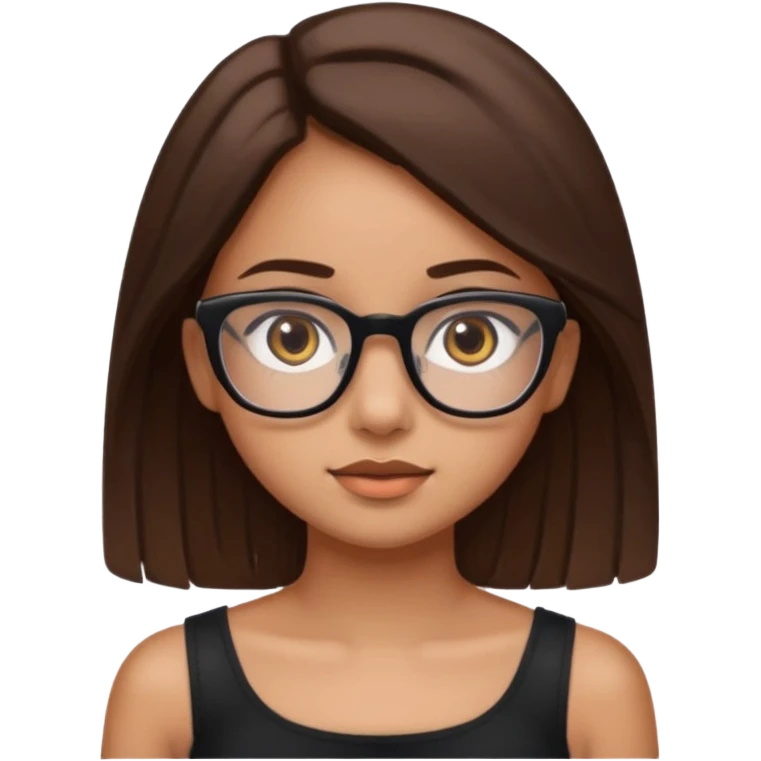 Imagine a girl with slightly light brown skin with big brown eyes and glasses. She has straight brown hair and is wearing a black tube top emoji