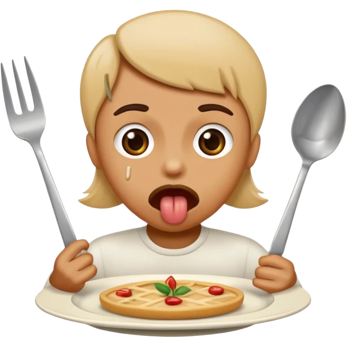 Create me an emoji of someone over a plate with a fork and knife in their hand tongue out and it say ate and left no crumbs emoji