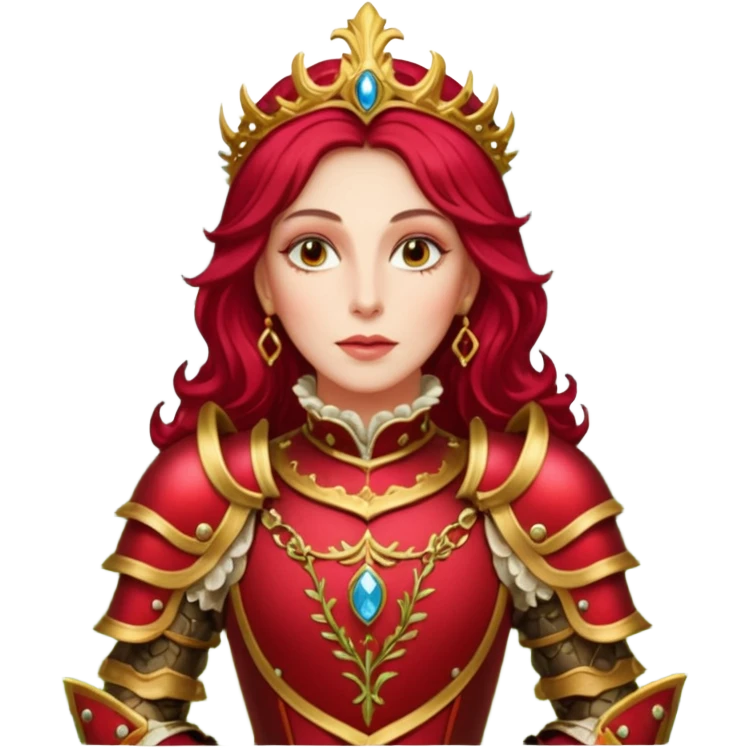 realistic cinematic actress Cher in baroque styling with crimson armor in a forest emoji
