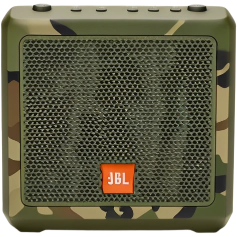 JBL Go 4 in woodland camouflage, simplified design, front view showing speaker grill, modern minimal approach, military style emoji