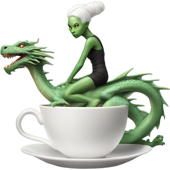 Photo realistic, alien female green,  on ride white china dragon infinite story emoji