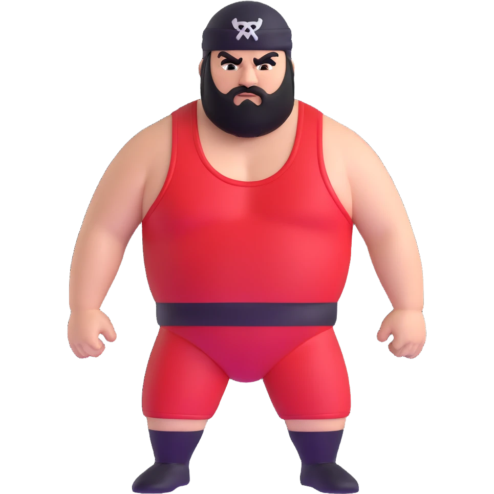 White skin fat guy with black durag, black beard, black eyes in a red and black wrestling singlet with angry face emoji