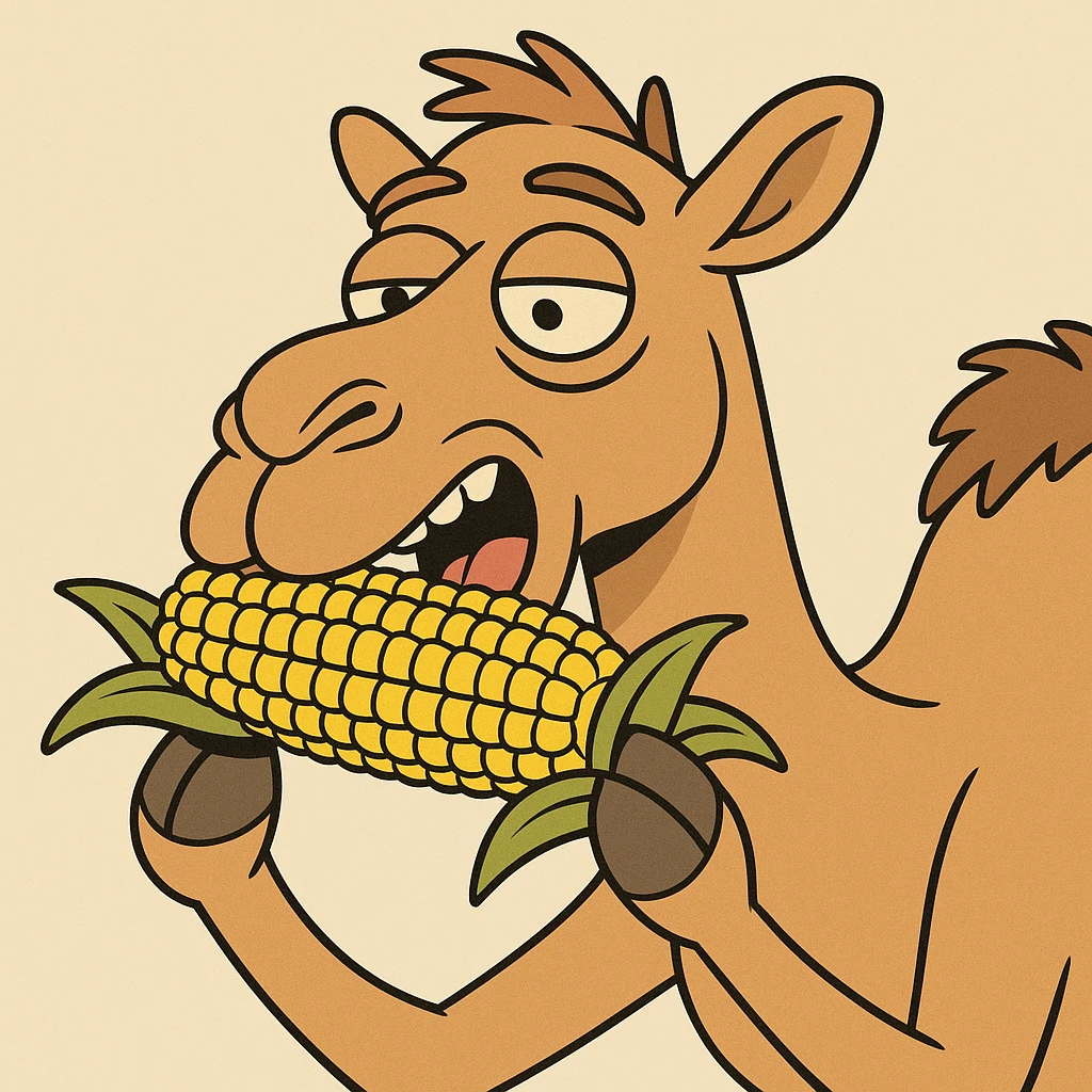camel eating corn on the cob, flat toon cartoon style emoji