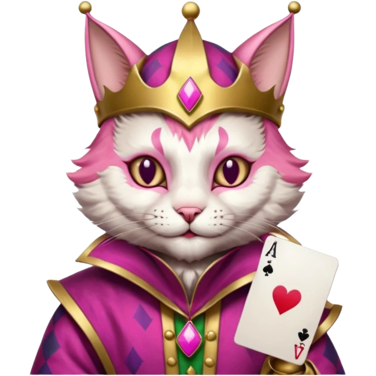 court jester cat medieval, single poker card joker clearly visible, pink, face only enclosed in a medieval badge  emoji