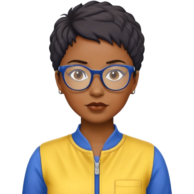 stern Black woman with short textured hair, glasses, wearing blue and yellow jumpsuit, front-facing emoji
