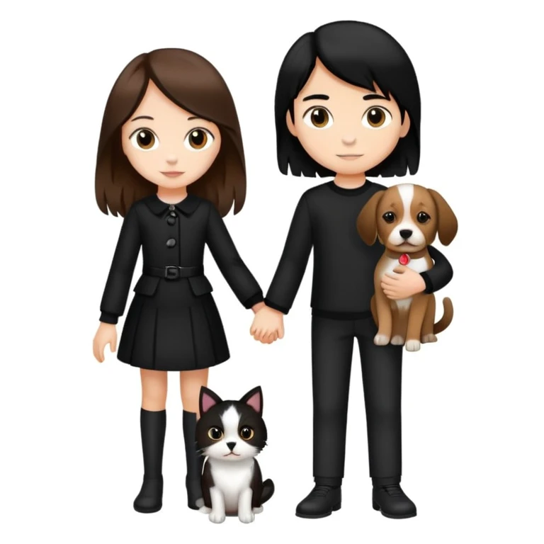 A girl with long brown hair holding the hand of a boy with black hair, both dressed in black, holding a cat and dog emoji