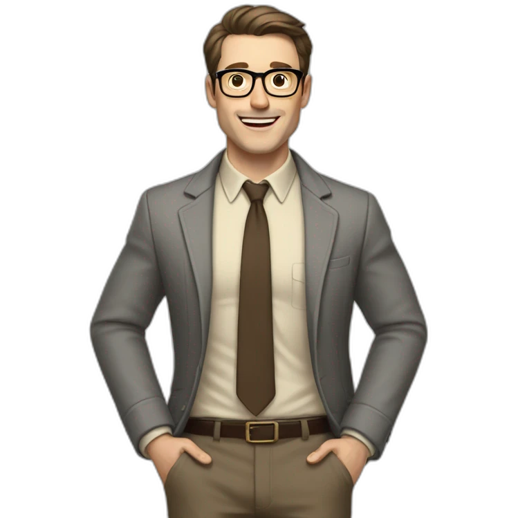 Full height Actively gesturing with hands Pale skinned fit man with dark brown hair in gray jacket, beige office shirt, brown tie, brown pants and vintage glasses. emoji