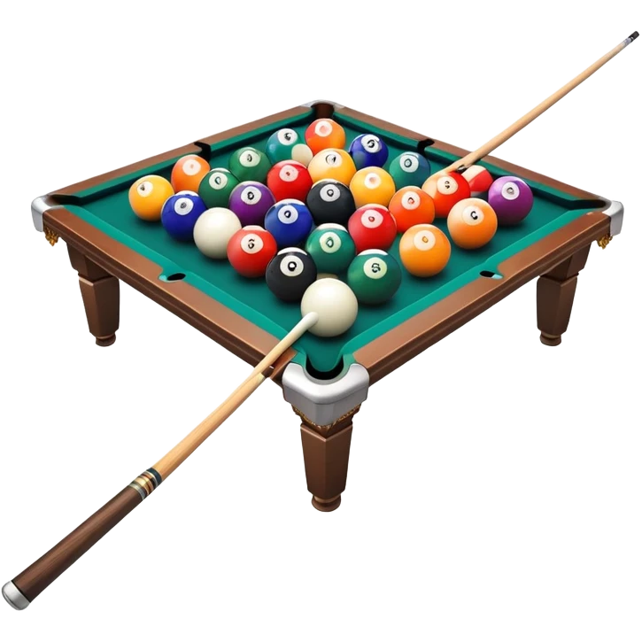 A billiard table with colorful balls arranged in a triangle, and a cue stick poised to break. The scene is set in a dimly lit room, with focused lighting highlighting the balls and table, emphasizing skill, precision, and strategy in the game of pool. emoji