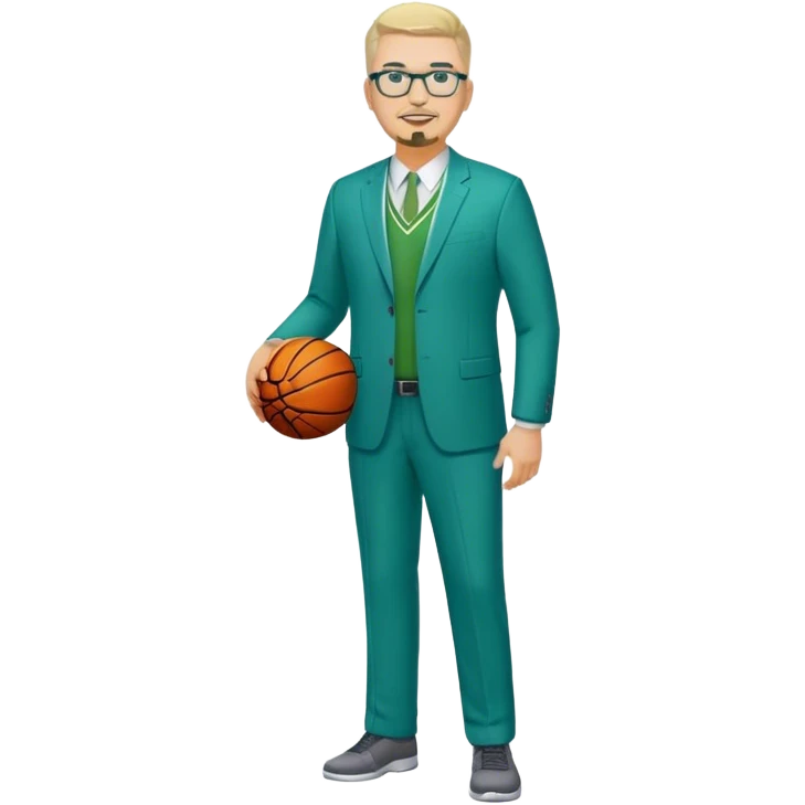 Full Body white male plus size wearing glasses with a goatee with light blonde and gray very short hair happy basketball head Coach in blue and green suit emoji