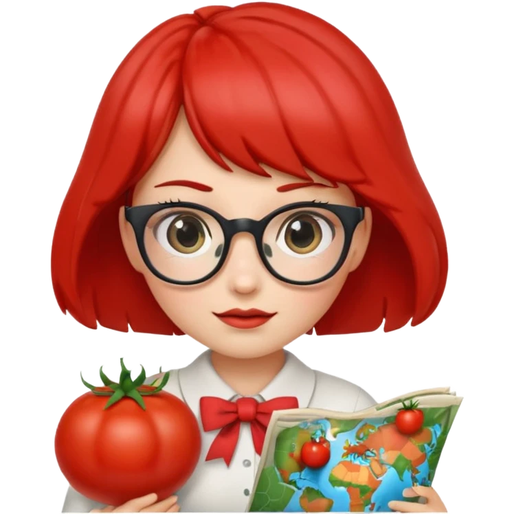 tomato with nerdy girl features, holding folded map, bow, long eyelashes emoji
