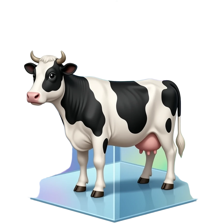 a black and white cow stands inside a glass pyramid floating in space and shining with rainbow colors - refraction of light emoji