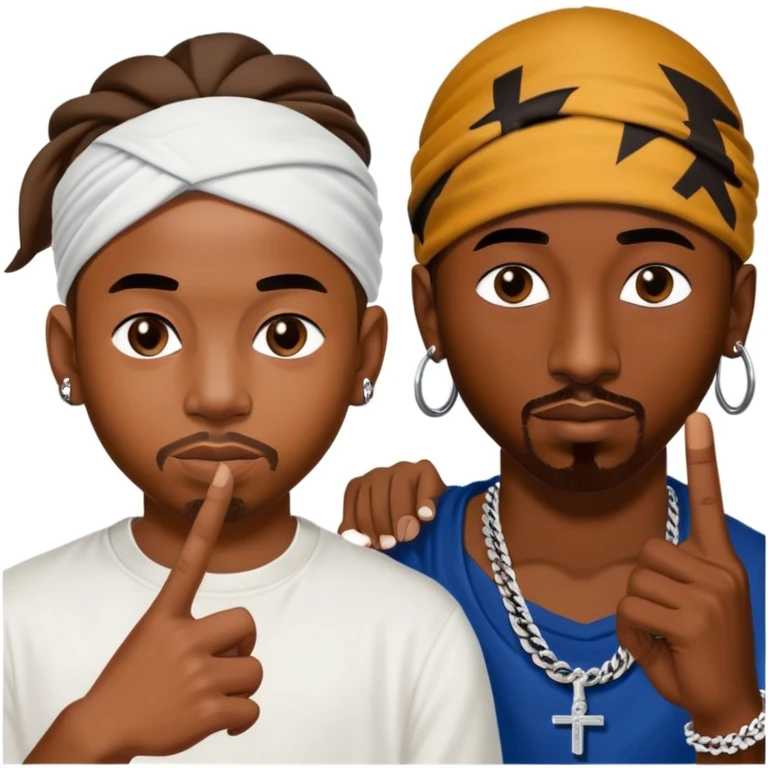 Generate an emoji of kendrick lamar throwing up a west coast gang sign while he stands next to tupac. Tupac has his infamous backwards bandana tied around his forehead where the bandana is tied one time in a half knot emoji
