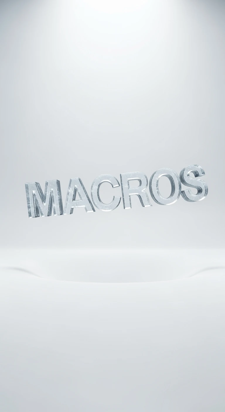 le parole "macros" fluttuano in aria, sfondo bianco emoji