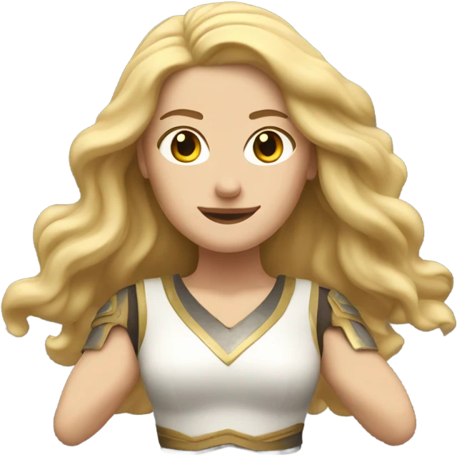 White woman, long hair, blonde hair, wavy hair, warrior 2 pose emoji