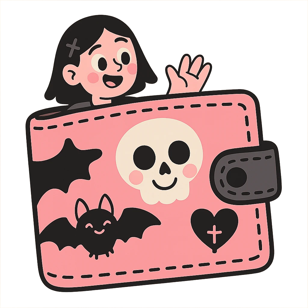 pink and black gothic wallet, soft pastel colors, gentle shading, cute gothic motifs emoji