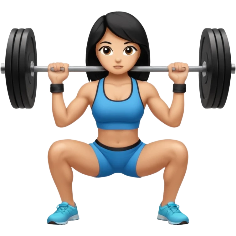 Fitness girl doing the squat with bar and weight, black hair emoji