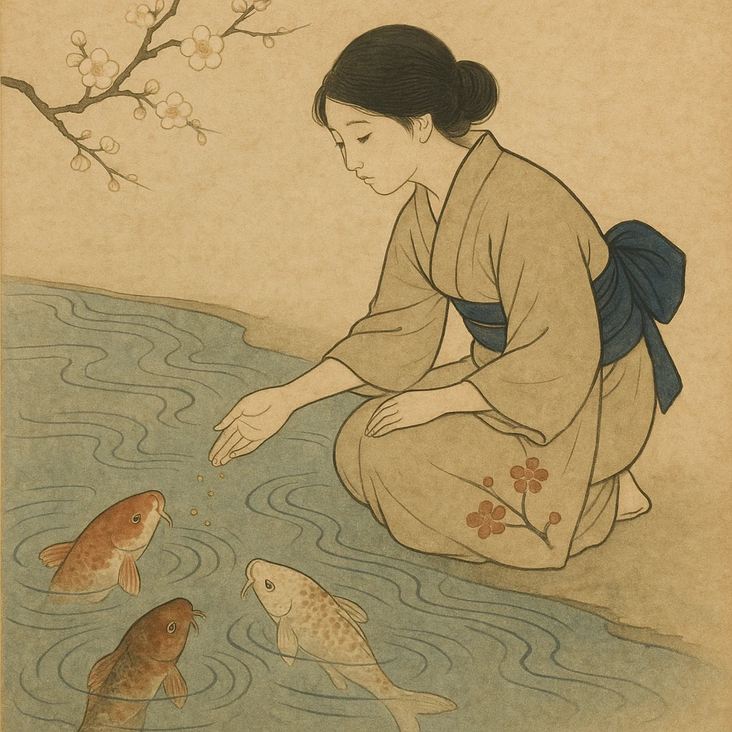 girl feeding koi fish in a pond emoji