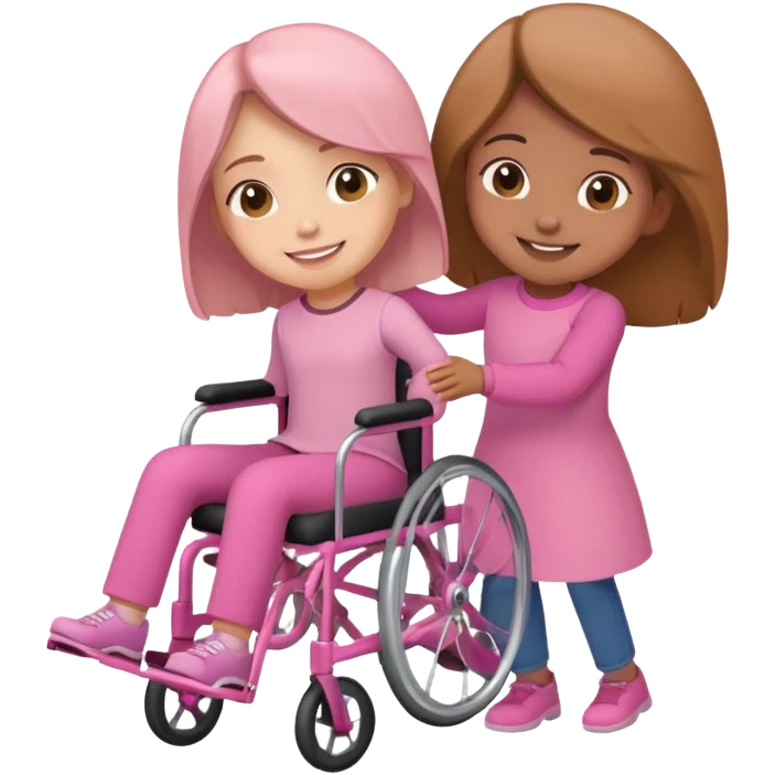 One light brown sister pushing her brown sister in a pink wheelchair emoji