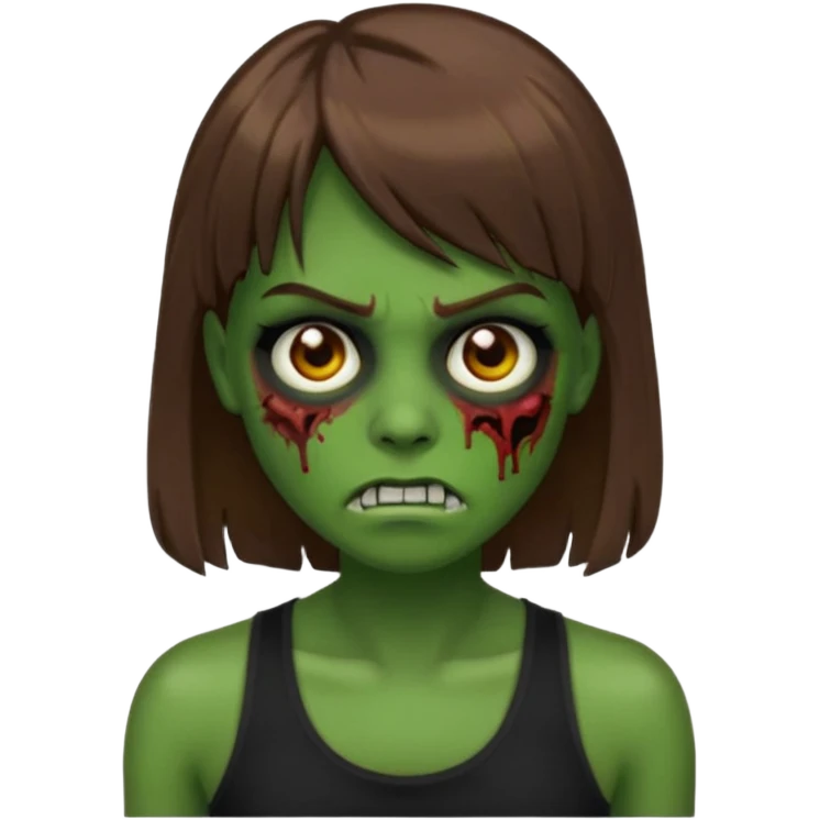 Crie um emoji de zumbi do iphone que tenha o cabelo castanho médio, de cumprimento no peito, que tenha uma franja no tamanho da sobrancelha, com os olhos escuros e que use uma regata preta emoji