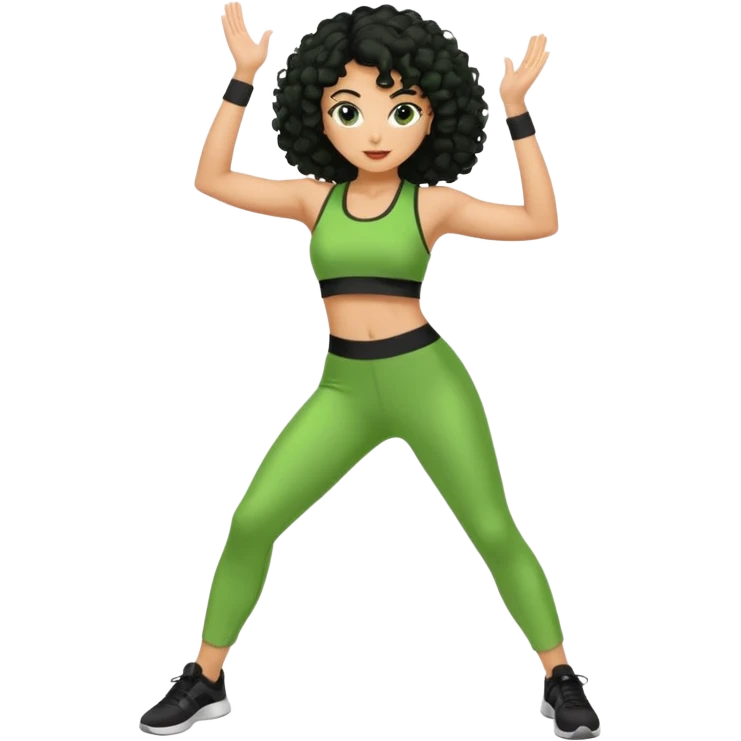woman with olive skin and curly black hair wearing a green workout outfit and standing in a disco pose emoji
