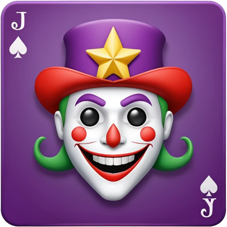 1 poker card, perfectly squared card, with crazy colorful human jolly joker inside, star symbol with a "J" emoji