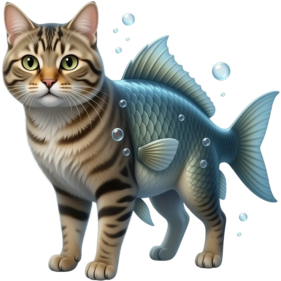 A realistic hybrid animal with a cat’s head and fur, combined with a fish body and fins, underwater environment, bubbles, natural lighting, detailed whiskers, wet texture, photorealistic emoji