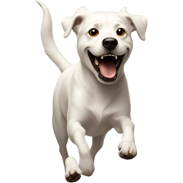 A smiling shit running after a white dog emoji