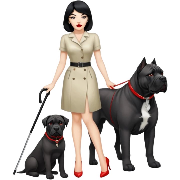 fashionable woman with red lips and black hair next to a Cane Corso dog emoji