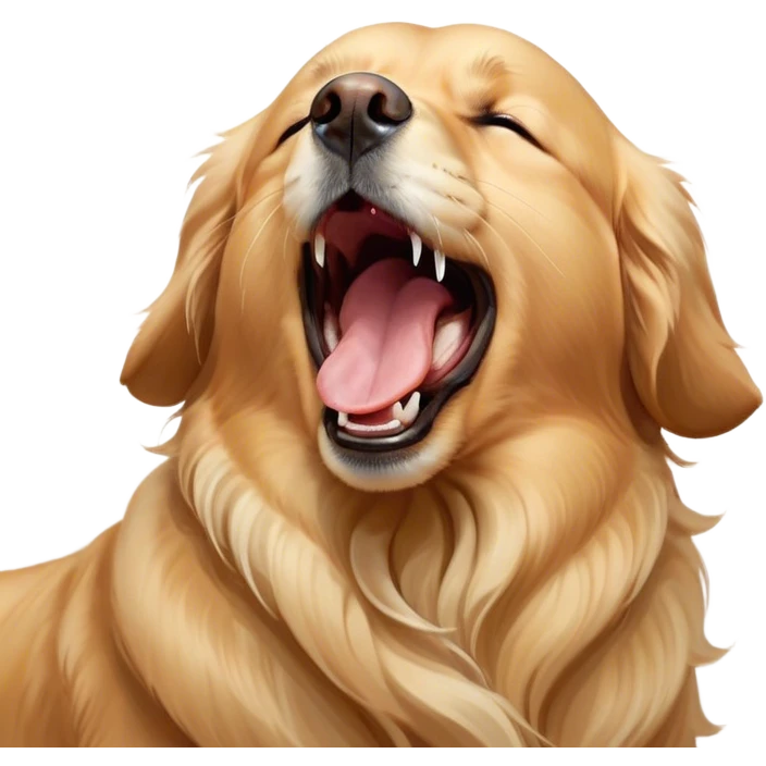 Cinematic Cute Yawning Golden Retriever Portrait Emoji, Head tilted slightly with a dramatic, wide-open yawn, revealing a silky golden coat with a subtle shimmer, floppy ears slightly drooping, round brown eyes barely open in drowsy contentment, Simplified yet irresistibly adorable features, highly detailed, glowing with a soft, cozy glow, high shine, relaxed yet expressive, stylized with a touch of whimsy, bright and endearing, soft glowing outline, capturing the essence of a sleepy yet affectionate companion, so drowsy it feels like it could stretch out of the screen and curl up for a nap! emoji