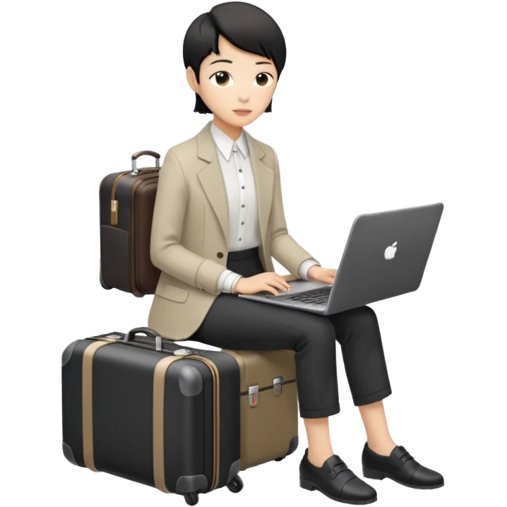 페르소나 요약 : 교환학생을 준비하는 대학생
동양인 중성 20대의 상반신, 노트북을 보고 있으며 옆 한켠에는 캐리어가 함께 준비되어 있어요. emoji