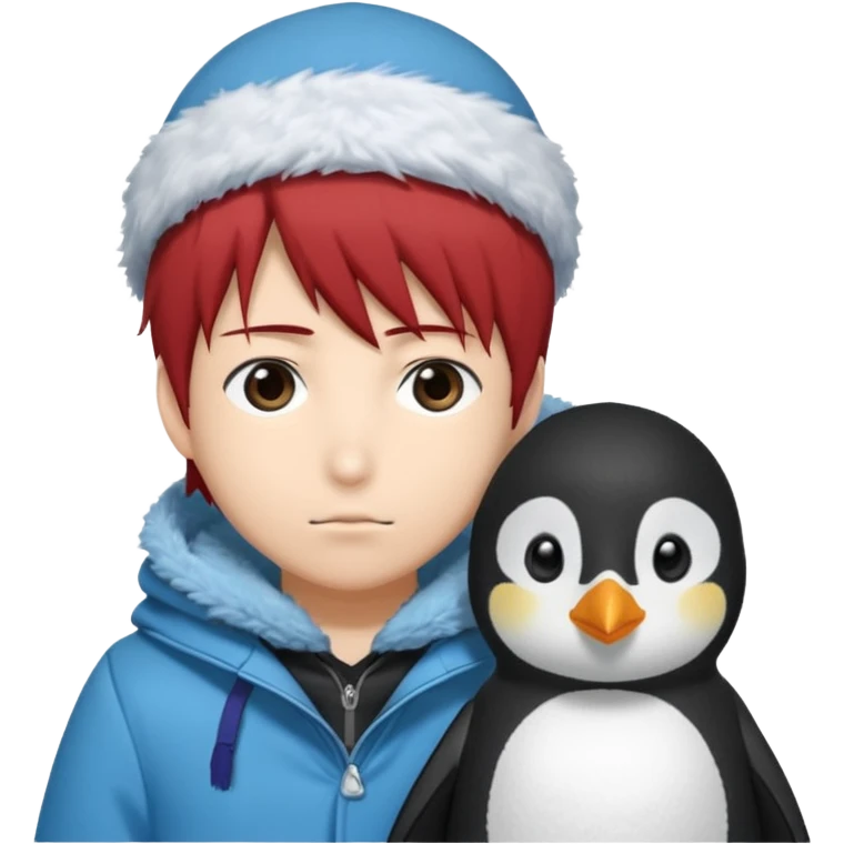 Winter penguin lying on Akashi Seijūrō’s shoulder with Akashi wearing winter clothes ans Akashi Seijuro from kuroko no basuke anime emoji