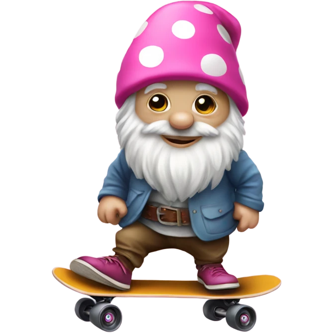 Gnome riding a skateboard with a pink polka dot hat emoji