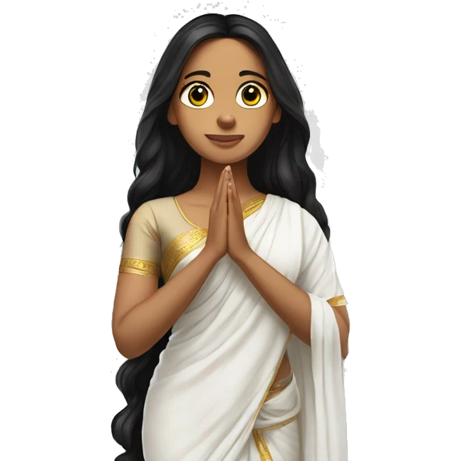 Light skin ;Black long hair wearing white saree praying infront a white temple emoji