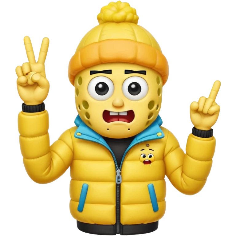 SpongeBob with a puffer jacket sticking up the middle finger emoji