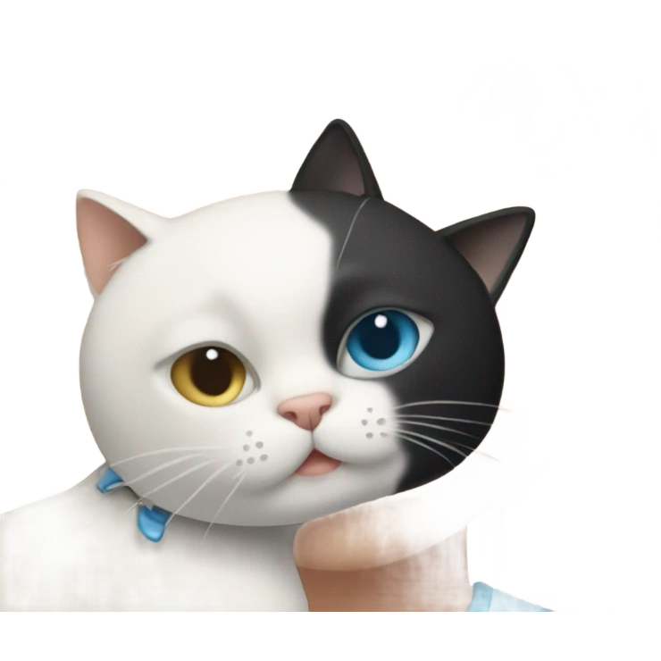 Blonde girl with blue eyes holding a white with black cat emoji