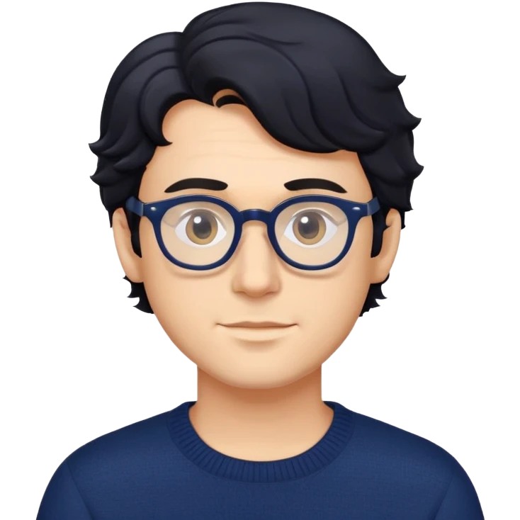 Man with wavy black hair in a comfortable navy blue sweater and glasses emoji