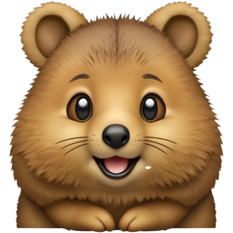 cinematic-quokka-realistic-emoji,-small-round-frame-balanced-on-tiny-strong-hind-legs, head tilted in an endearing manner, comical smil, giant-fluffy-cheeks-large-smile-fluffy-brown-fur-radiating-a-warm-softness,-big-round-eyes-filled-with-joy, realistic emoji zoomed in emoji