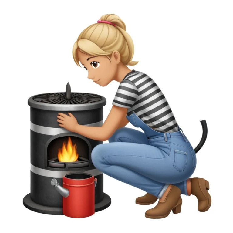 Metal cylindrical coal stove with a girl cleaning it while kneeling, seen from behind, wearing jeans and a striped shirt emoji